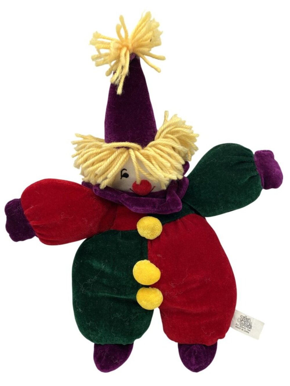 Vintage Toy Works Clown Plush Doll 15" Multicolor Velvet Fabric Yellow Yarn Hair